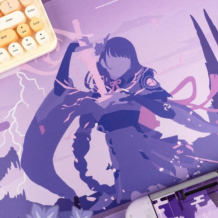 Raiden Shogun Mouse Pad: Aesthetic and Durable: purple, lavender anime-style character and fantasy landscape scene, cartoon
