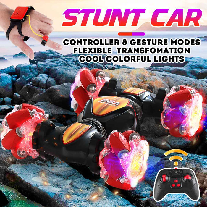 RC Stunt 4x4 Remote Control Car: black, red remote-control stunt car toy, futuristic cartoon product graphic style