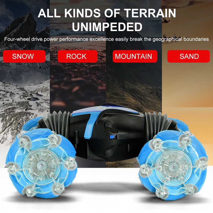 RC Stunt 4x4 Remote Control Car: black, red remote-control stunt car toy, futuristic cartoon product graphic style