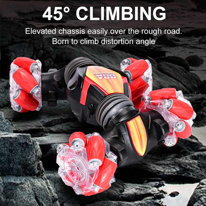 RC Stunt 4x4 Remote Control Car: black, red remote-control stunt car toy, futuristic cartoon product graphic style