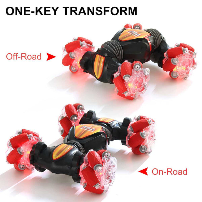 RC Stunt 4x4 Remote Control Car: black, red remote-control stunt car toy, futuristic cartoon product graphic style
