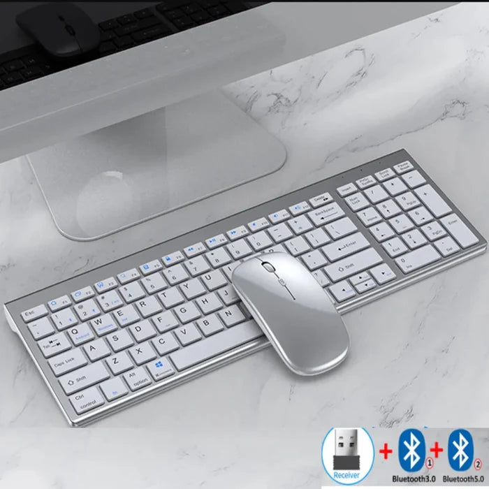 Rechargeable Bluetooth Set with Wireless Keyboard and Mouse: silver, white wireless keyboard and mouse set, minimal style