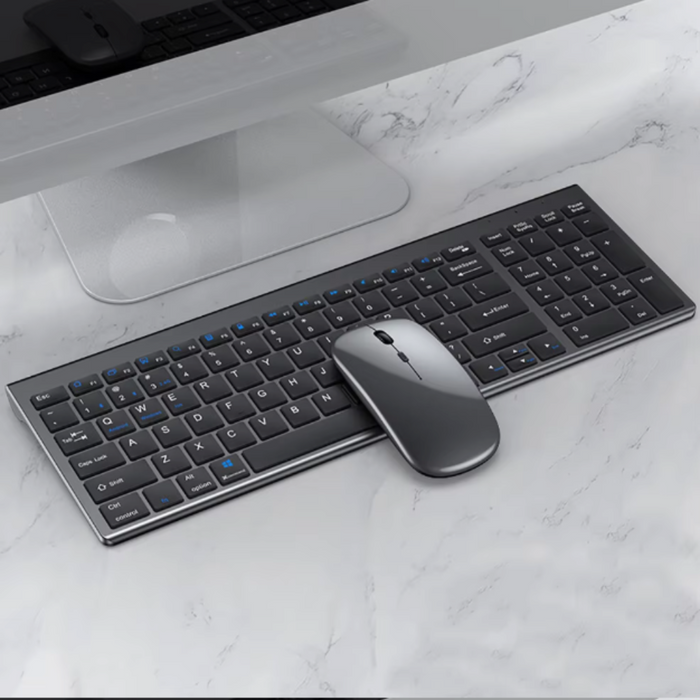 Rechargeable Bluetooth Set with Wireless Keyboard and Mouse: silver, white wireless keyboard and mouse set, minimal style