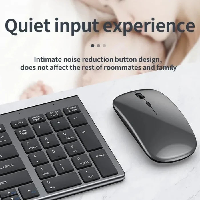 Rechargeable Bluetooth Set with Wireless Keyboard and Mouse: silver, white wireless keyboard and mouse set, minimal style