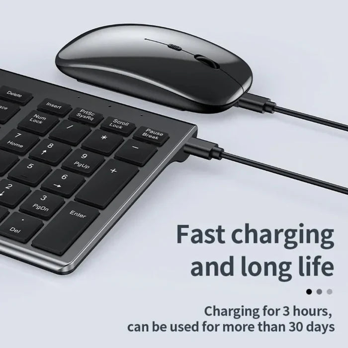 Rechargeable Bluetooth Set with Wireless Keyboard and Mouse: silver, white wireless keyboard and mouse set, minimal style