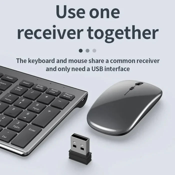 Rechargeable Bluetooth Set with Wireless Keyboard and Mouse: silver, white wireless keyboard and mouse set, minimal style