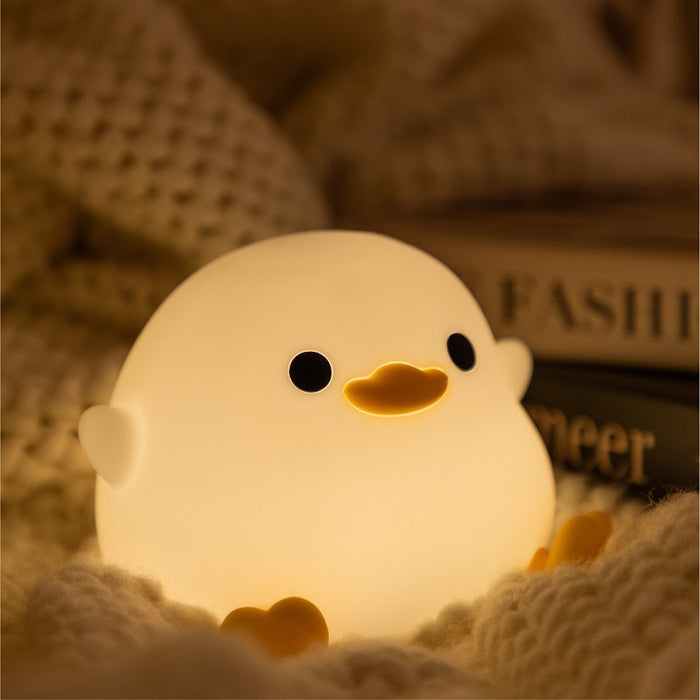 Rechargeable Duck Night Light with Timer: warm white, yellow-orange cartoon chick, kawaii cartoon style