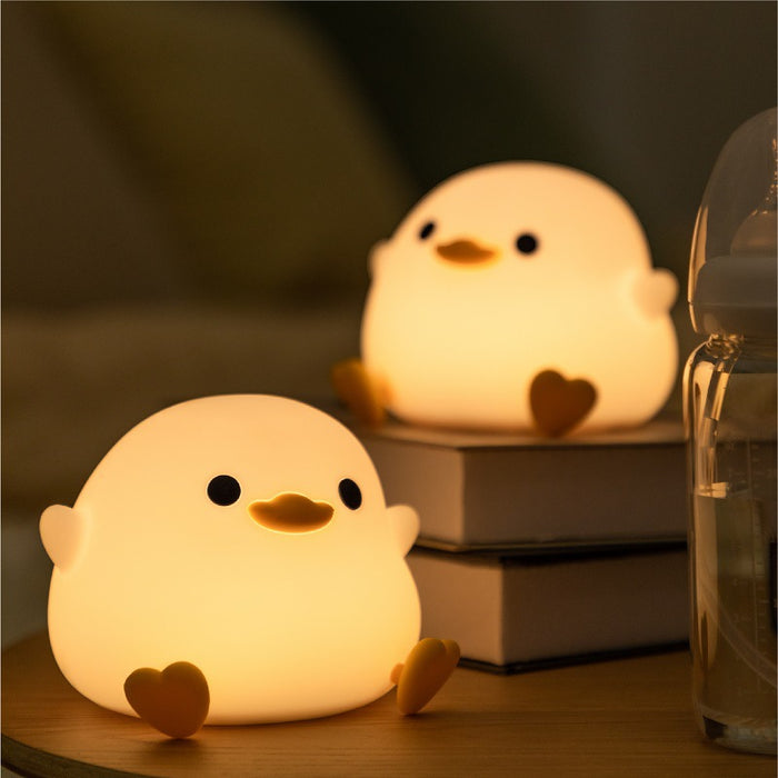 Rechargeable Duck Night Light with Timer: warm white, yellow-orange cartoon chick, kawaii cartoon style