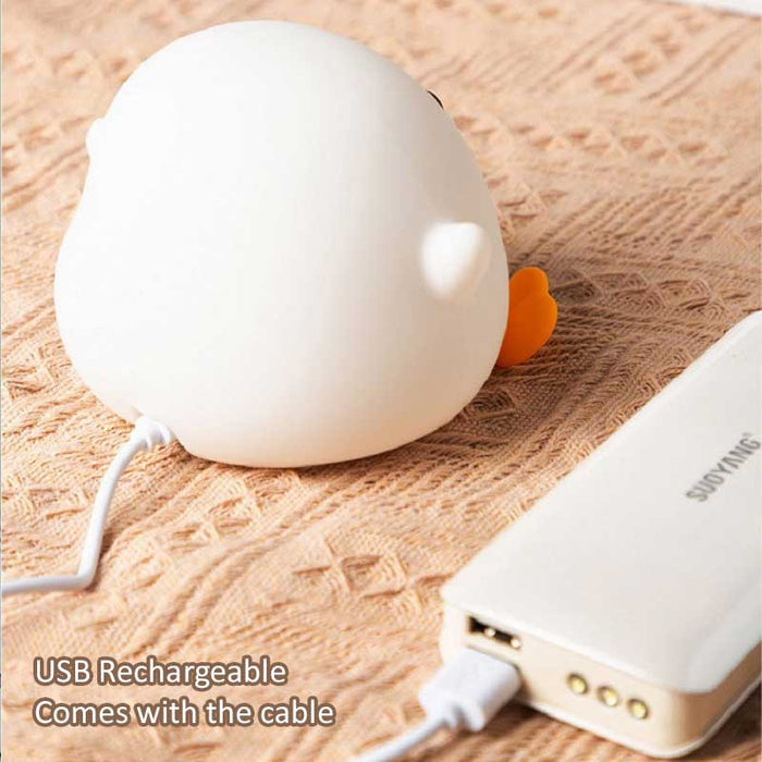 Rechargeable Duck Night Light with Timer: warm white, yellow-orange cartoon chick, kawaii cartoon style