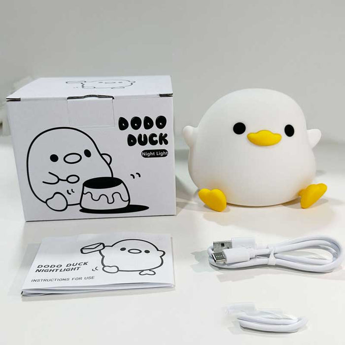 Rechargeable Duck Night Light with Timer: warm white, yellow-orange cartoon chick, kawaii cartoon style