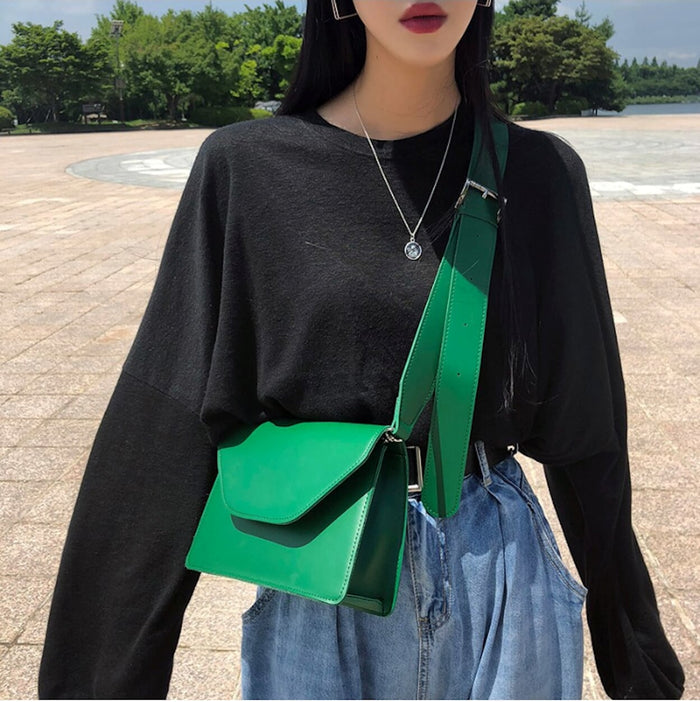 Rectangular Crossbody Bag with Wide Straps for Women: dark green crossbody shoulder bag, minimal style