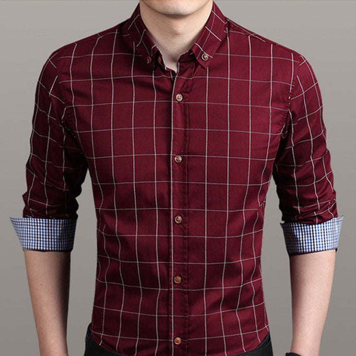 Red Checkered Men's Button-Down Shirt: burgundy, white button-up shirt, casual style