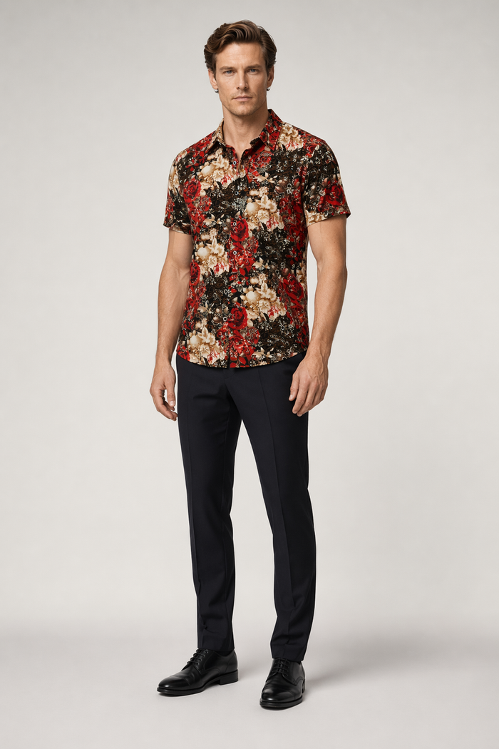 Red Floral Short Sleeve Shirt for Men Default