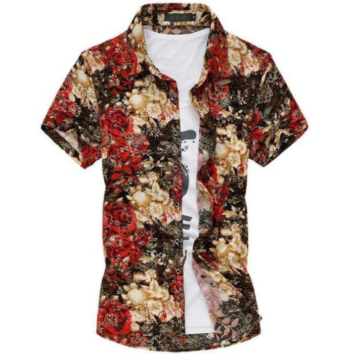 Red Floral Short Sleeve Shirt for Men: red, black short-sleeve button-up shirt layered over a graphic T-shirt, floral casual