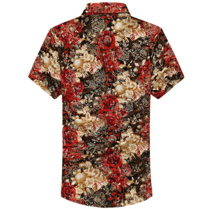 Red Floral Short Sleeve Shirt for Men: red, black short-sleeve button-up shirt layered over a graphic T-shirt, floral casual