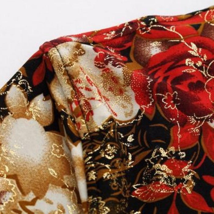 Red Floral Short Sleeve Shirt for Men: red, black short-sleeve button-up shirt layered over a graphic T-shirt, floral casual