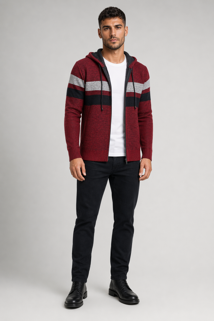 Red Hooded Striped Knit Cardigan for Men Default