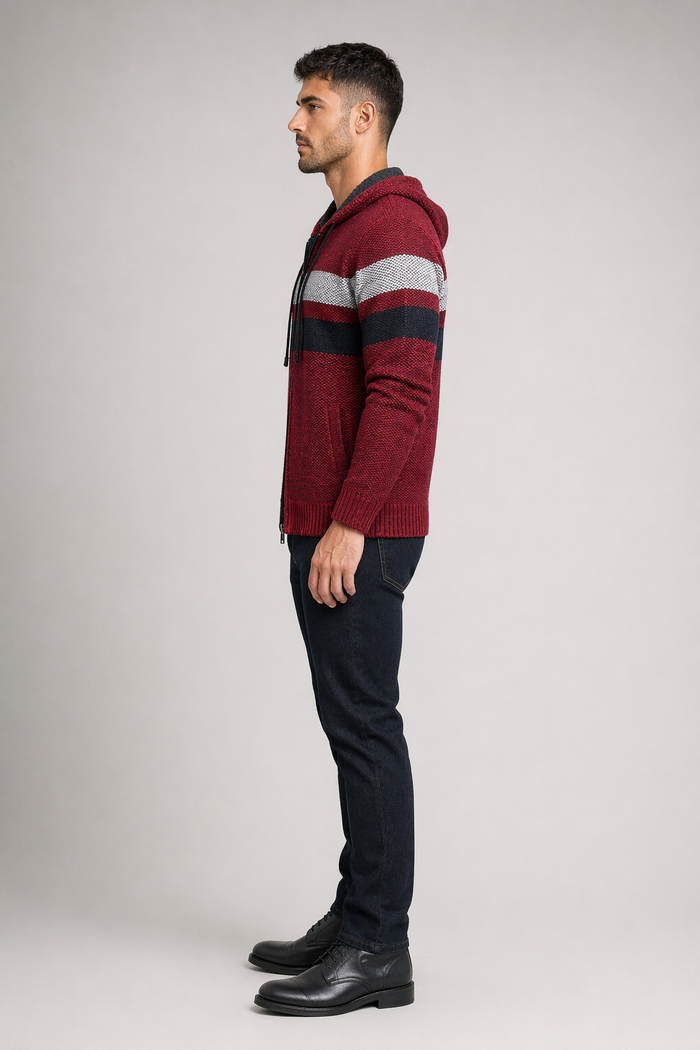 Red Hooded Striped Knit Cardigan for Men Default