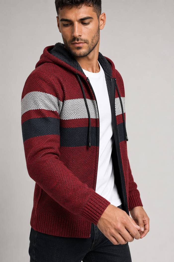 Red Hooded Striped Knit Cardigan for Men Default