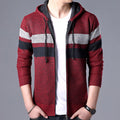 Red Hooded Striped Knit Cardigan for Men: burgundy red, black zip-up hooded knit sweater, casual style