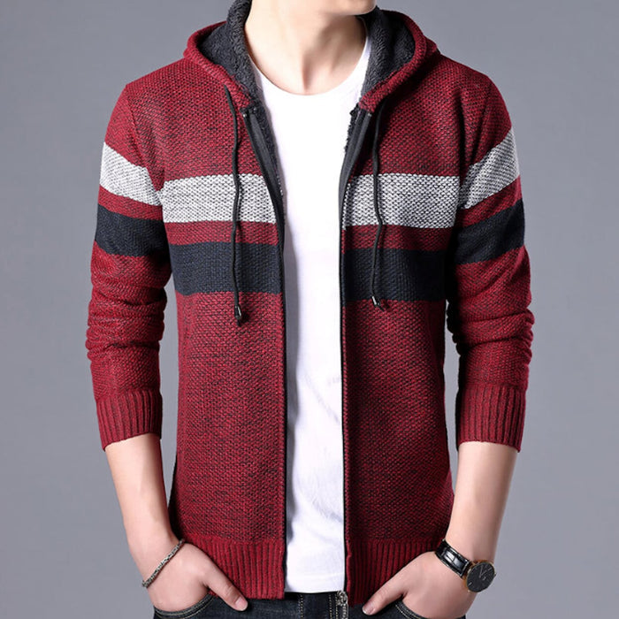 Red Hooded Striped Knit Cardigan for Men: burgundy red, black zip-up hooded knit sweater, casual style