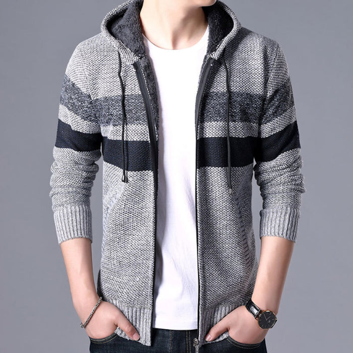 Red Hooded Striped Knit Cardigan for Men: burgundy red, black zip-up hooded knit sweater, casual style