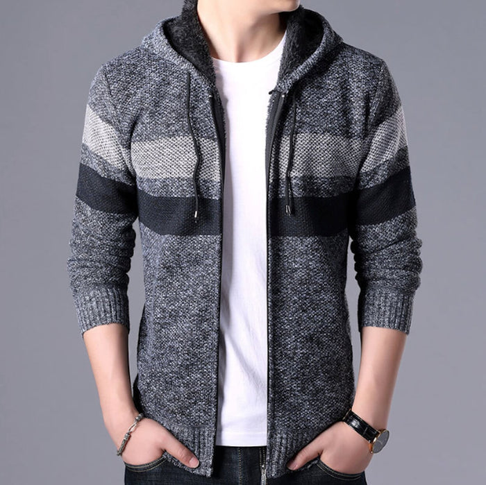 Red Hooded Striped Knit Cardigan for Men: burgundy red, black zip-up hooded knit sweater, casual style