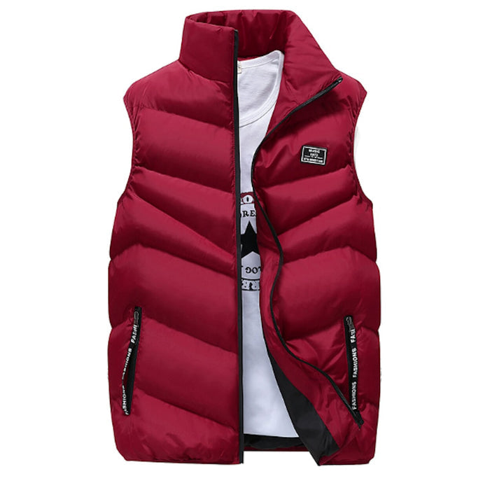 Red Puffer Vest with Elevated Collar for Men: burgundy red, black sleeveless puffer vest, casual sporty style