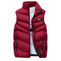 Red Puffer Vest with Elevated Collar for Men: burgundy red, black sleeveless puffer vest, casual sporty style