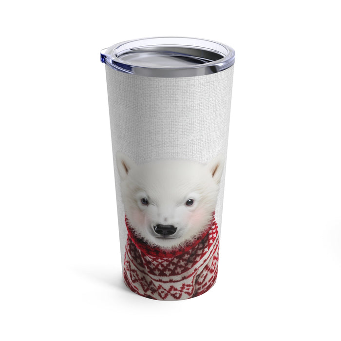 Red Sweater Blushing Polar Bear Tumbler, 20oz: white, gray white polar bear cub, photorealistic animal print with winter them