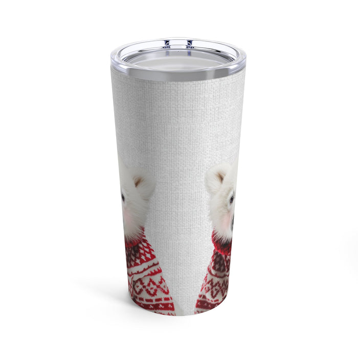 Red Sweater Blushing Polar Bear Tumbler, 20oz: white, gray white polar bear cub, photorealistic animal print with winter them