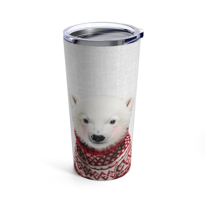 Red Sweater Blushing Polar Bear Tumbler, 20oz: white, gray white polar bear cub, photorealistic animal print with winter them