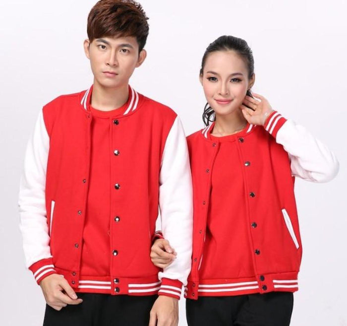 Red Unisex Baseball Coat: red, white matching varsity jackets