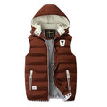 Red Wine Hooded Puffer Vest with Two-Tone Design for Men: rust brown, cream hooded puffer vest, casual sporty style