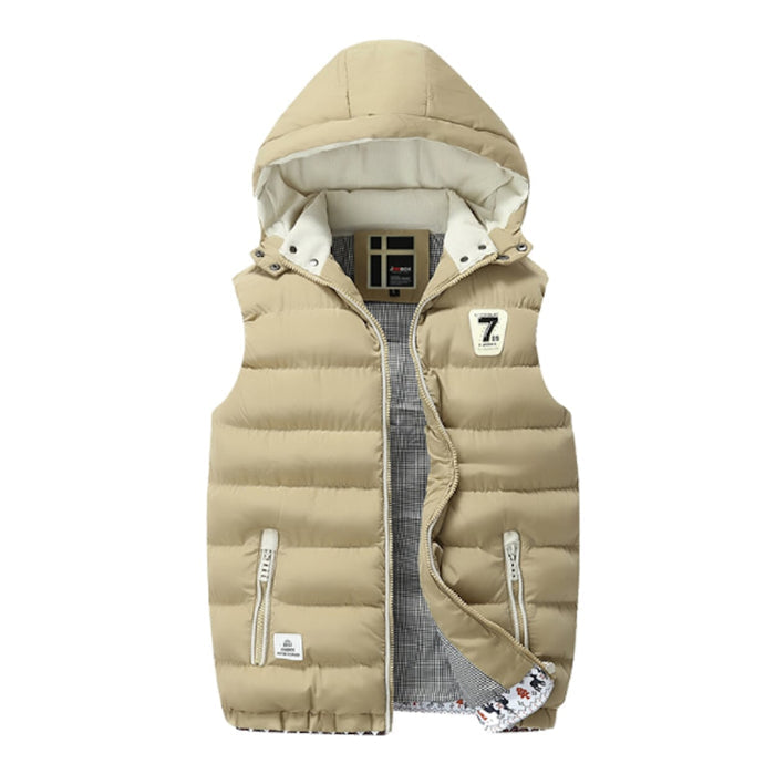 Red Wine Hooded Puffer Vest with Two-Tone Design for Men: rust brown, cream hooded puffer vest, casual sporty style