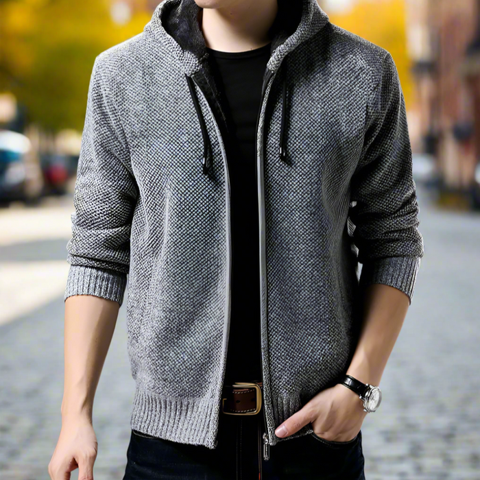 Red Wine Men's Zippered Hooded Jacket: dark burgundy, black zip-up hooded cardigan/jacket, casual minimal style
