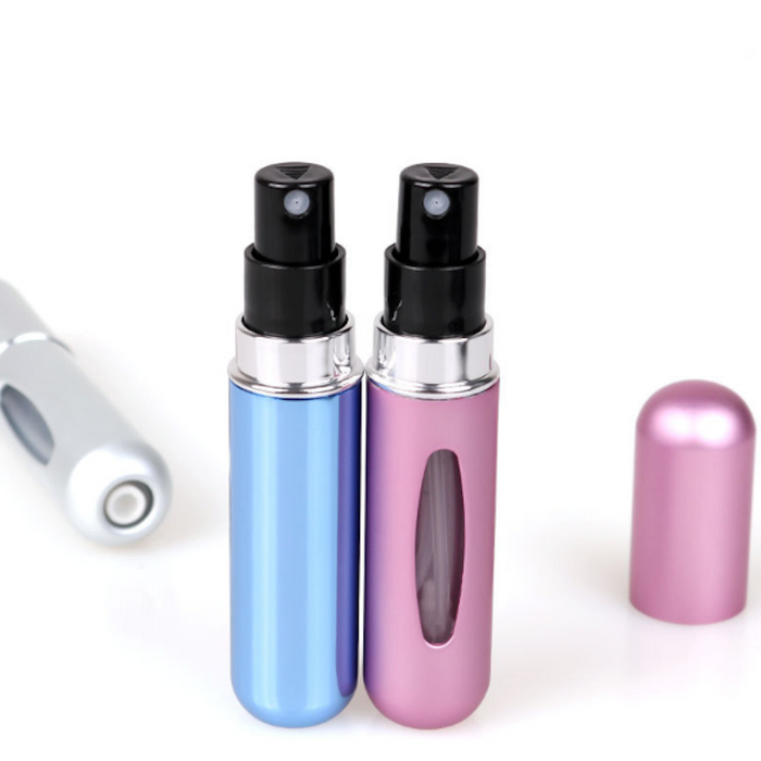 Refillable Travel Perfume Bottles (Set of 2): light blue, pink refillable spray bottles, minimal style