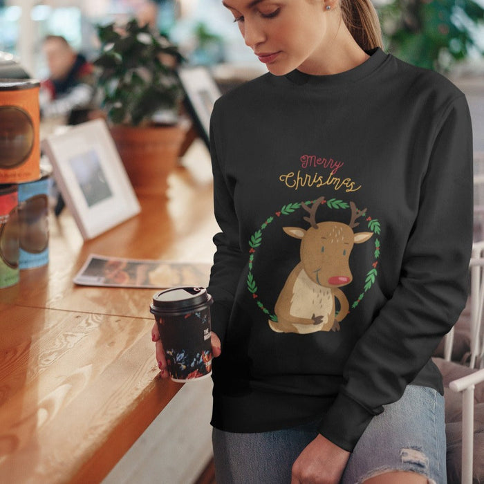 Reindeer Crewneck Sweatshirt for Women: black, brown cartoon reindeer with Christmas theme, cartoon Christmas graphic style