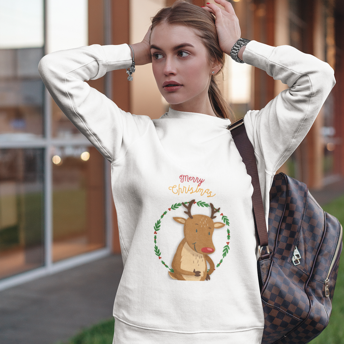 Reindeer Crewneck Sweatshirt for Women: black, brown cartoon reindeer with Christmas theme, cartoon Christmas graphic style