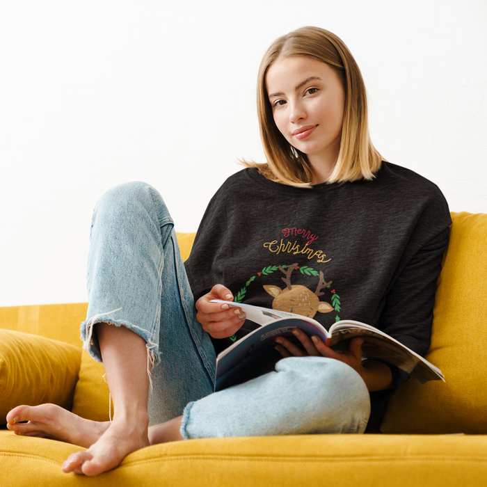 Reindeer Crewneck Sweatshirt for Women: black, brown cartoon reindeer with Christmas theme, cartoon Christmas graphic style
