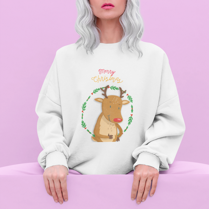 Reindeer Crewneck Sweatshirt for Women: black, brown cartoon reindeer with Christmas theme, cartoon Christmas graphic style