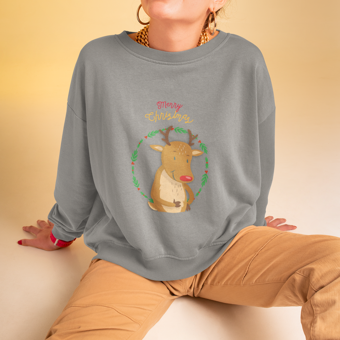 Reindeer Crewneck Sweatshirt for Women: black, brown cartoon reindeer with Christmas theme, cartoon Christmas graphic style