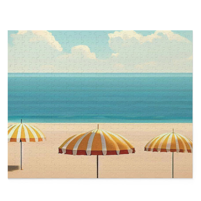 Relaxed Coastal Days Puzzle, 500 Pieces: light blue, teal beach scene with striped umbrellas, illustrated retro beach scene s
