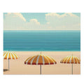 Relaxed Coastal Days Puzzle, 500 Pieces: light blue, teal beach scene with striped umbrellas, illustrated retro beach scene s