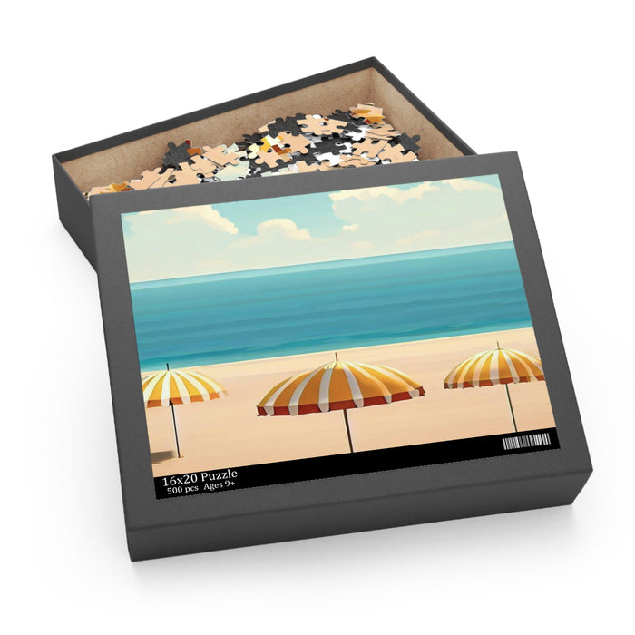 Relaxed Coastal Days Puzzle, 500 Pieces: light blue, teal beach scene with striped umbrellas, illustrated retro beach scene s