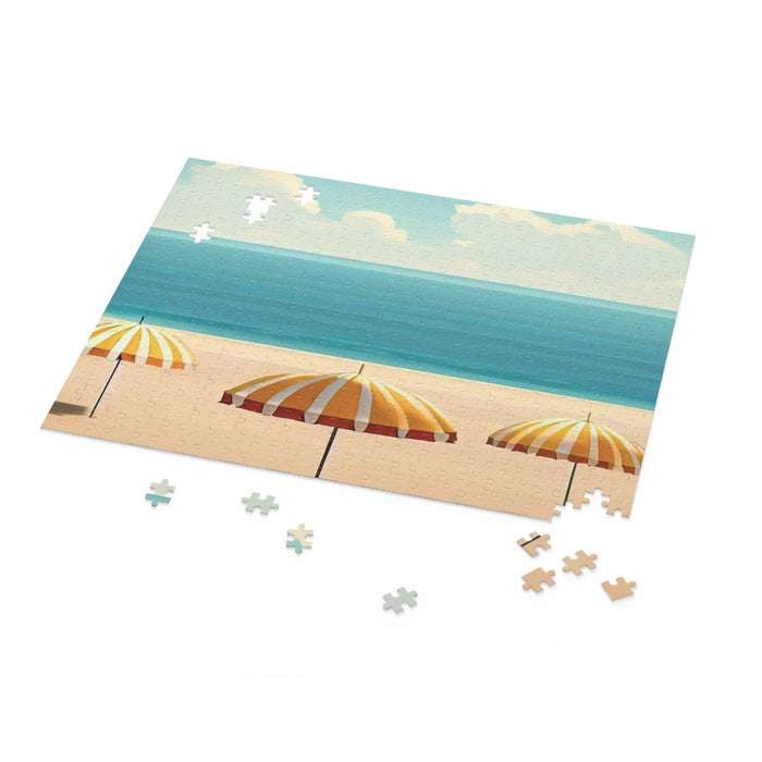 Relaxed Coastal Days Puzzle, 500 Pieces: light blue, teal beach scene with striped umbrellas, illustrated retro beach scene s