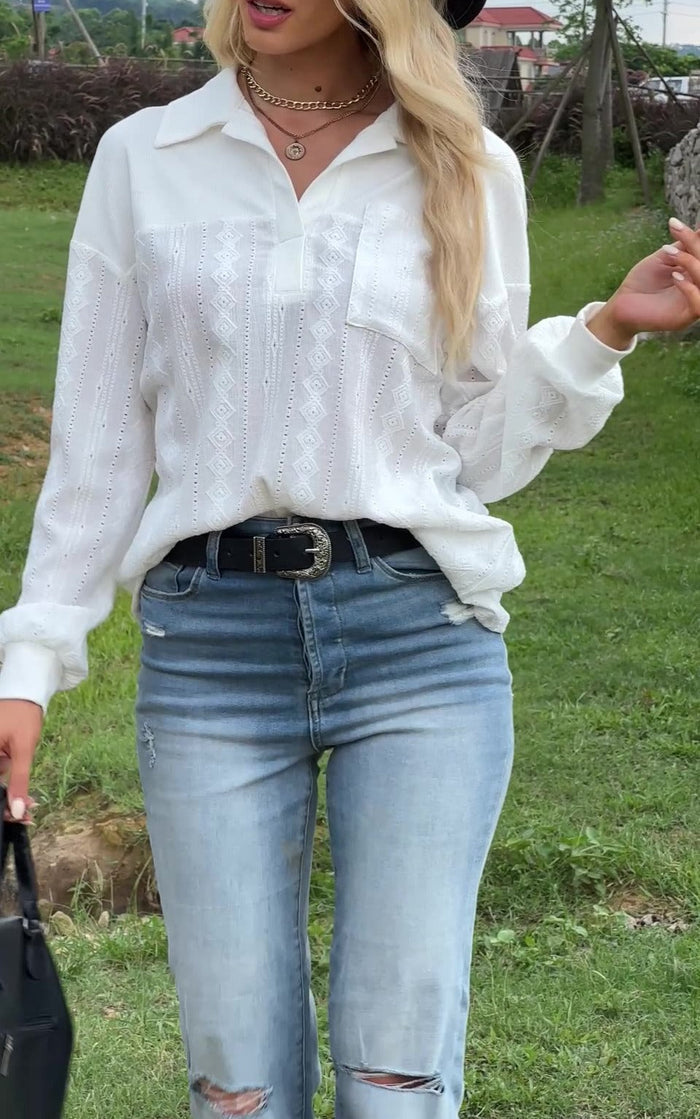 Relaxed Fit Long Sleeve Women's Blouse: light blue, white long-sleeve collared blouse/top, casual feminine style