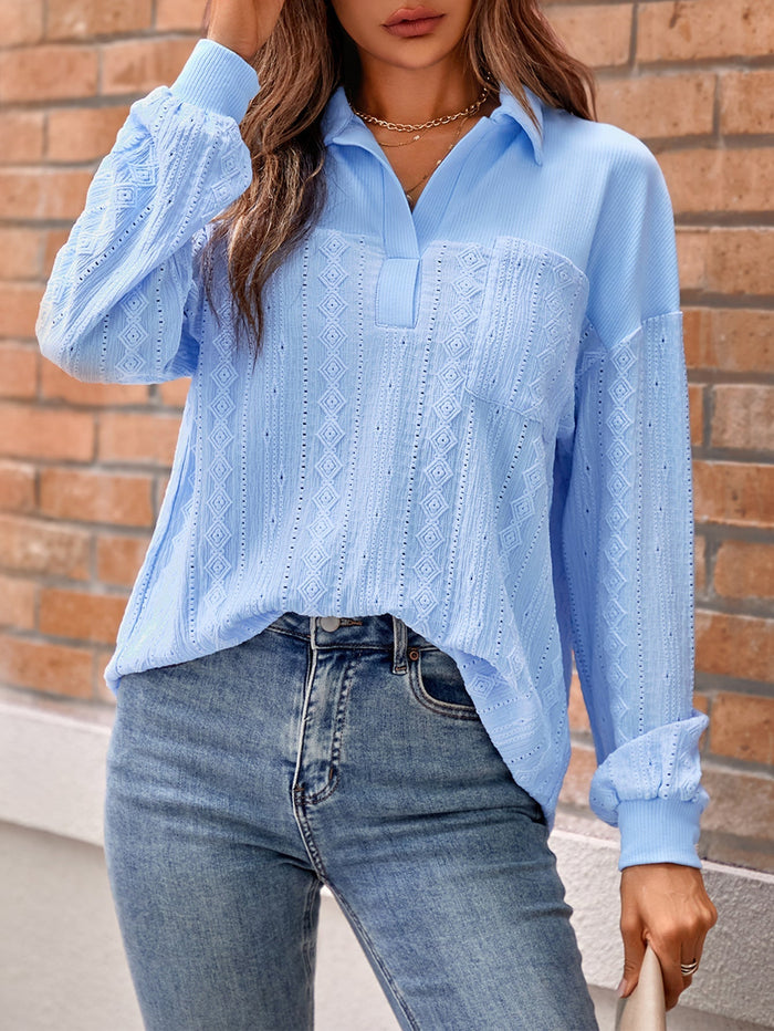 Relaxed Fit Long Sleeve Women's Blouse: light blue, white long-sleeve collared blouse/top, casual feminine style