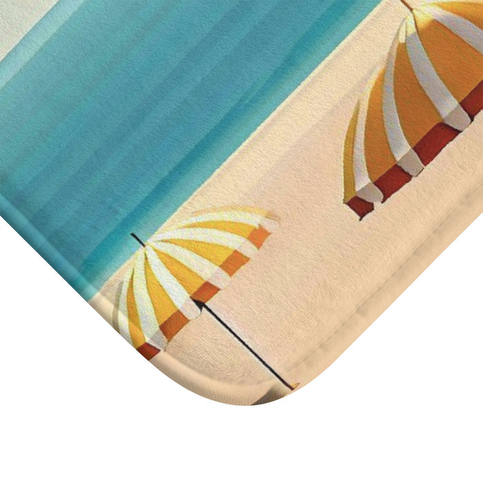 Relaxed Seaside Retreat Bath Mat: cream, beige beach scene, retro illustrated style