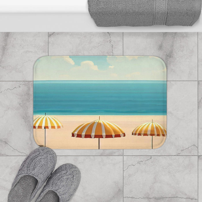 Relaxed Seaside Retreat Bath Mat: cream, beige beach scene, retro illustrated style